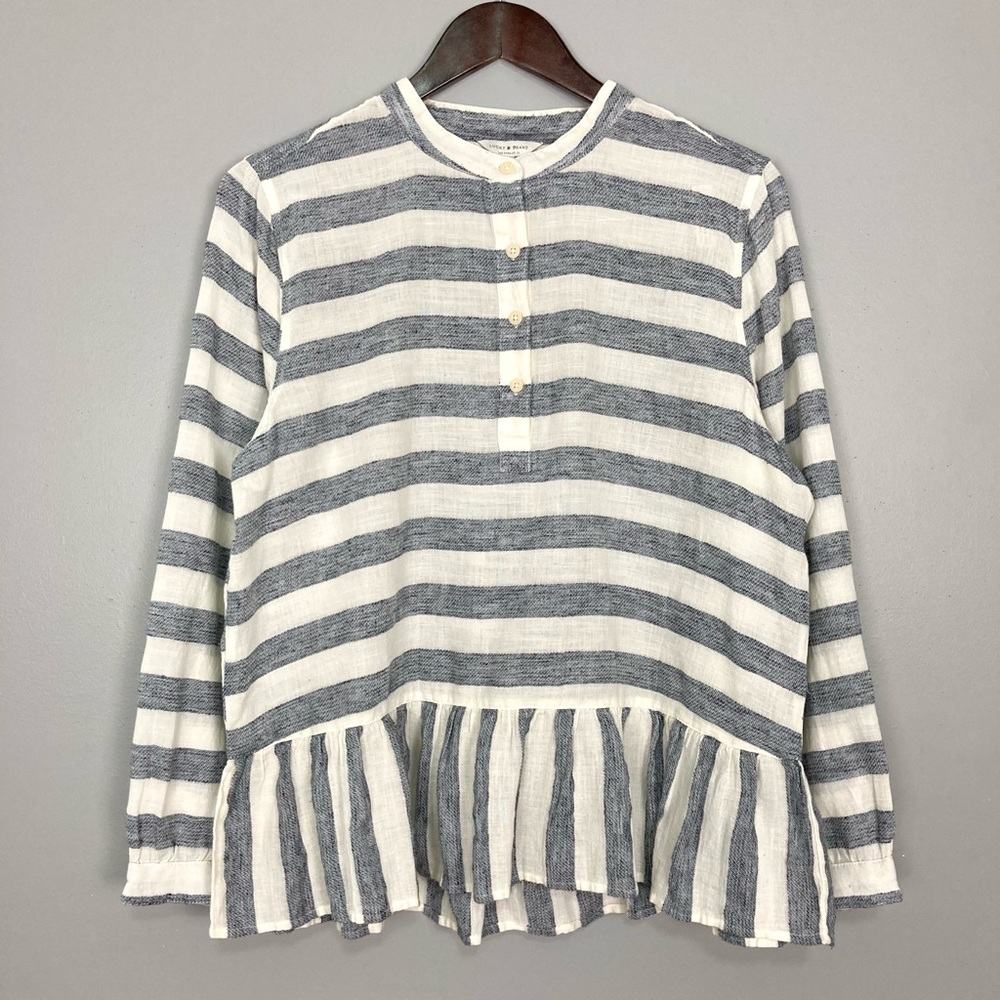 Lucky Brand Striped Peplum Top Women’s Size L Woven Henley 1/2 Button Front